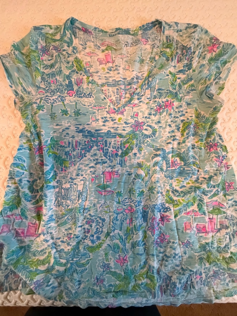 Lilly Pulitzer Aqua Palm & Floral V-Neck Tee